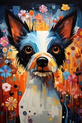 Painting of a stray-looking dog in cubist style with natural influences.