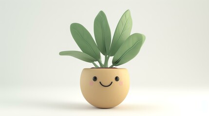 This is a 3D rendering of a cute plant in a pot. The plant has big green leaves and a smiley face on the pot.