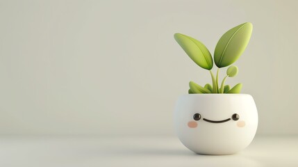 A cute 3D illustration of a smiling flower pot with a small plant growing out of it.
