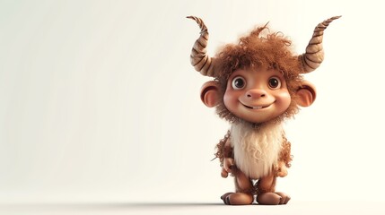 3D rendering of a cute and friendly cartoon yak. The yak has brown fur, big brown eyes, and a happy expression on its face.