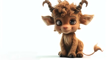 3D rendering of a cute and fluffy baby yak. The yak is sitting on a white background and looking at the camera with big, round eyes.