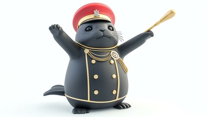 A cute and funny cartoon seal wearing a red hat and a black uniform with gold buttons is standing on its hind flippers and waving a baton in the air.