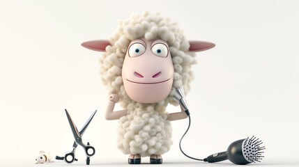 A cartoon sheep is holding a blow dryer and a comb. The sheep has a happy expression on its face. It is standing on a white background.