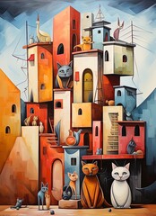 Cubist style drawing of a gang of stray cats in a condominium.