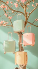 Luggage hanging on Summer tree. Photo represents time to travel, time to vacation. Studio concept photo. Minimalistic, Pastel colors. 