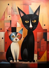 Cubist style drawing of a couple of cats, one tricolor and the other black