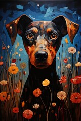 Portrait of a beautiful black dog resembling a guard dog surrounded by flowers.