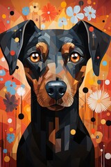 Portrait of a beautiful black dog resembling a guard dog surrounded by flowers.