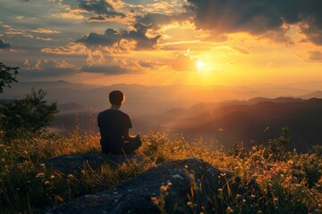 A man sitting atop a hill, watching the sunset in contemplation and reflection, A peaceful moment of reflection on the past year