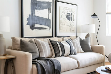 A living room with two framed abstract paintings above the sofa, featuring soft gray and black stripes on cream linen fabric, adding depth to minimalist decor.