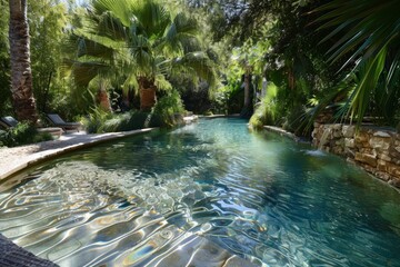 A pool surrounded by palm trees and a stone wall, creating a serene oasis, A peaceful oasis with the sound of water lapping against the pool edges