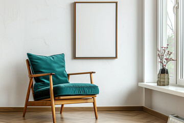 Wooden chair with teal cushion against white wall with art poster frame. Mid-century style home interior design of modern living room.