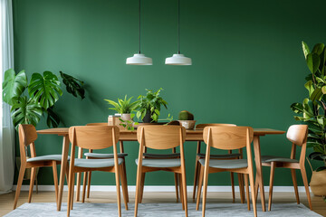 Wooden dining table and chairs against green wall. Scandinavian mid-century home interior design of modern dining room.