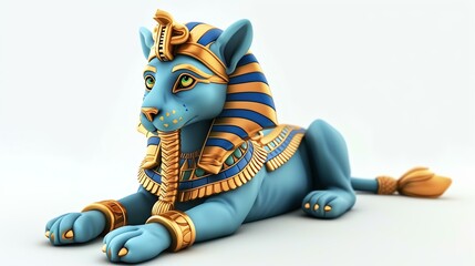 3D illustration of a blue Egyptian sphinx with golden headdress and collar. The sphinx is sitting on a white surface with a white background.