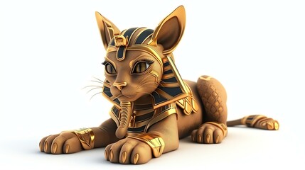 3D illustration of a golden Egyptian cat. The cat is wearing a golden collar and has a golden headdress.