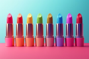 Pride-themed lipstick rainbow set, split-complementary color scheme, flat design front view