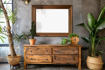 Wooden cabinet dresser against concrete wall with empty blank mock up poster frame with copy space. Rustic home interior design of modern living room.