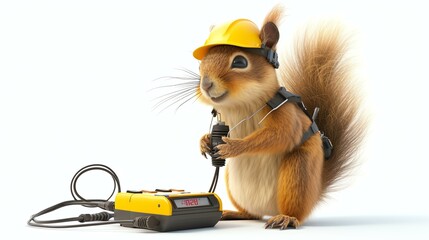 A squirrel wearing a hard hat and safety vest is holding a walkie talkie. It is standing on a white background and looking at the camera.