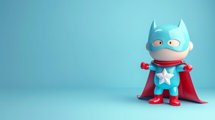 Little superhero standing in a confident pose, wearing a colorful costume with a cape. 3D rendering.