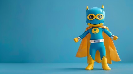 A cute and friendly superhero with a big smile on his face. He is wearing a blue and yellow costume and a cape.