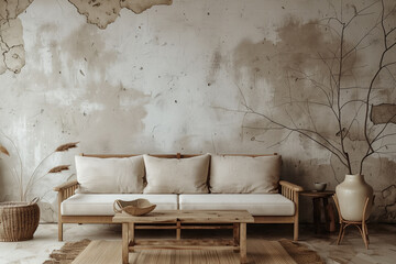 Vintage sofa and coffee table against empty stucco wall with copy space. Japandi home interior design of modern living room.