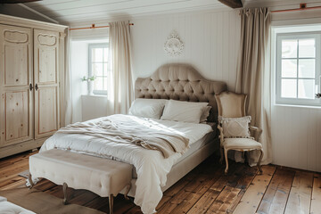 Vintage furniture in french country interior design of modern bedroom in farmhouse.