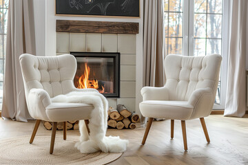 Two chairs near fireplace. Country farmhouse home interior design of modern living room.