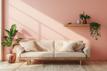Scandinavian interior design of modern living room home with shelf in peach wall.