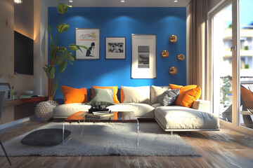 Scandinavian interior design of modern living room home with shelf in peach wall.