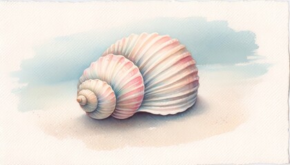 Detailed watercolor painting of a spiral seashell on pink, blue and beige background