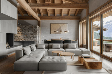 Rustic interior design of modern living room with grey sofas. Created with generative AI