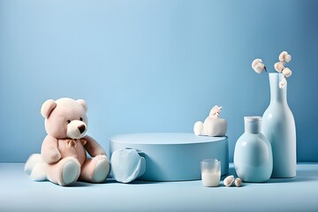 Baby blue cyan 3D podium with cyan blue wall as a background for baby products photography background