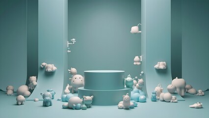 Cyan 3D podium with cyan wall as a background with cute animals vectors for baby products photography background