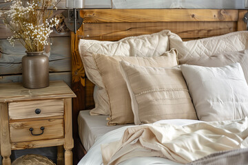 Rustic bedside cabinet near bed with beige pillows. Farmhouse interior design of modern bedroom.