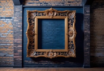 Ornate golden frame with floral carvings, displayed prominently on a textured brick wall