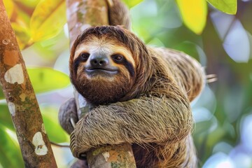 A brown and white sloth is hanging from a tree branch, A peaceful sloth hanging lazily from a tree branch