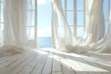 An open window with billowing white curtains, revealing a view of the ocean, A peaceful space with white curtains billowing in the breeze