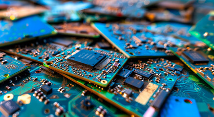 Obraz premium Closeup view of old electronic devices, chipsets. E waste and recycling concept