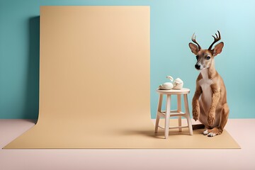 Golden ratio soft yellow color as backdrop with cute kangaroo for background, product photography background