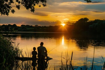 A couple stands by a body of water, enjoying the view and possibly fishing during sunset, A peaceful sunset over a father and child fishing by the lake - Powered by Adobe