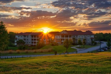 The sun is setting over a residential area, casting a warm glow on the houses and streets below, A peaceful sunset over a serene retirement community - Powered by Adobe
