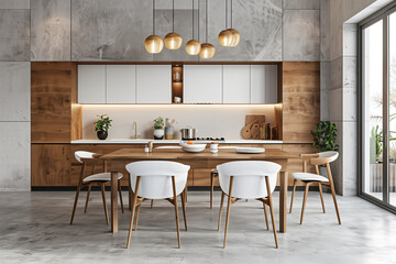 Modern minimalist interior design of kitchen with island dining table and chairs.