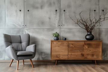 Minimalist loft interior design of modern living room home. Accent chair near wooden sideboard...