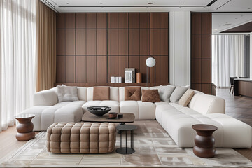 Minimalist interior design of modern living room home. Black leather sofa in spacious room in villa...