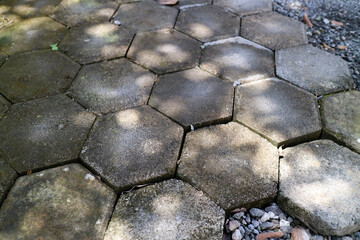 outdoor concrete paving floor with a hexagon shape, filled with moss, with a little gravel beside it