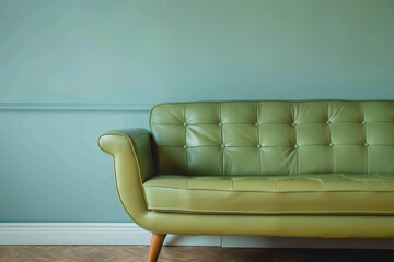 Light green leather sofa against wall with copy space. Mid-century retro vintage style home...