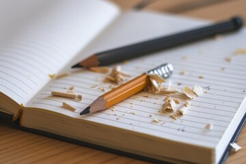 A pencil and sharpener placed on top of a notebook, ready for writing or drawing, A pencil and...