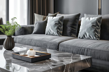 Gray fabric sofa and marble stone coffee table. Hollywood regency style interior design of modern living room. Created with generative AI
