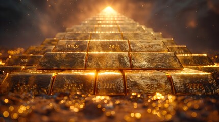 Stability and Permanence A Towering Stack of Gleaming Gold Bullion Bars in Backlit Silhouette