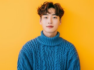 Young Korean man in blue sweater smiling on yellow background